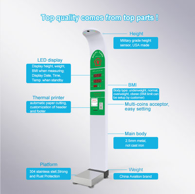 Smart AC100-240V Moneda operada altura peso Balanza corporal Vender con impresión G.W 47kg